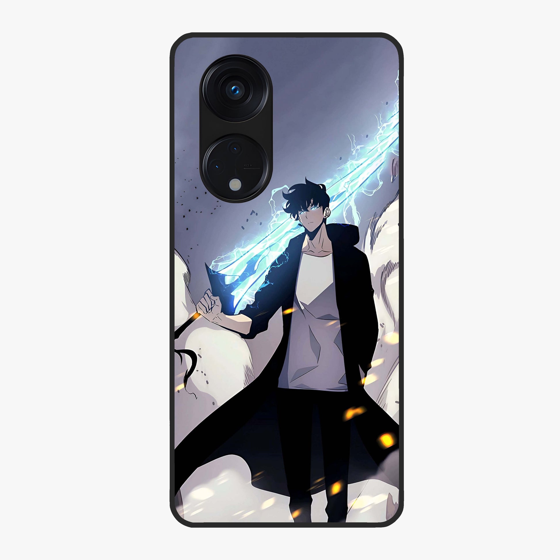 Dark Lightning Anime Warrior Glass Case showing flat back view with intense anime warrior artwork and glossy glass finish.