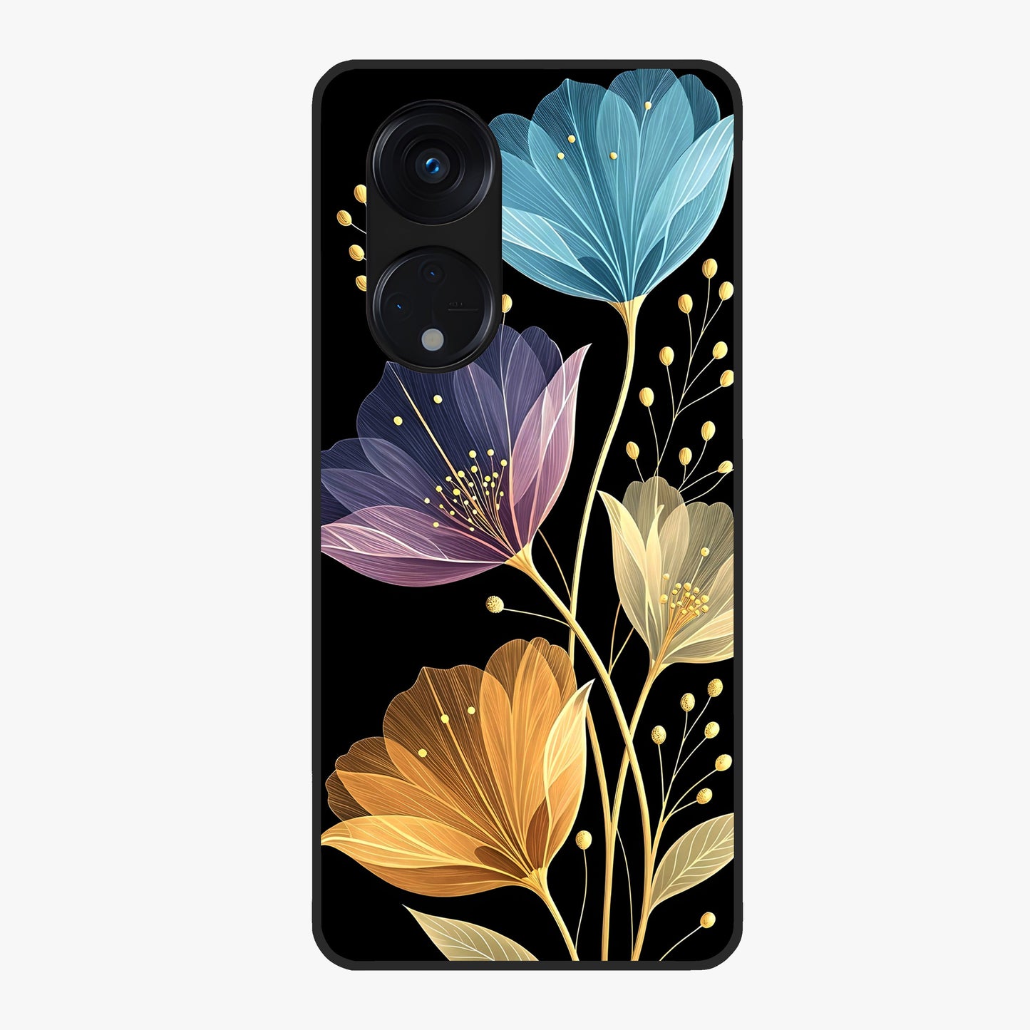 Delicate Multicolor Flowers Glass Case showing flat back view with vibrant floral artwork and glossy glass finish.