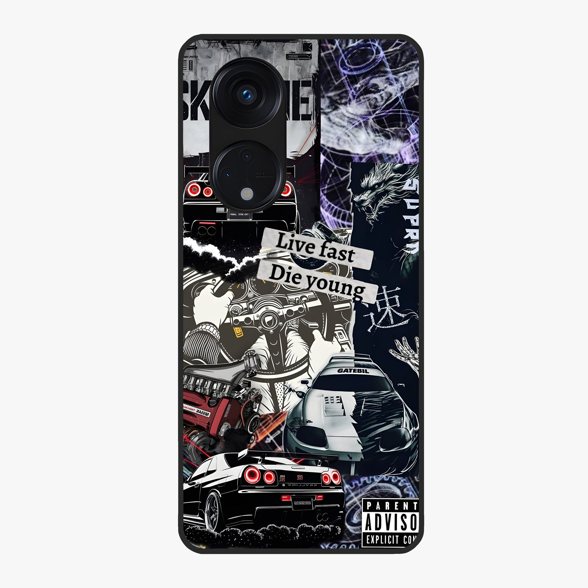 Die Young Glass Case showing flat back view with bold artistic typography design and glossy glass finish.