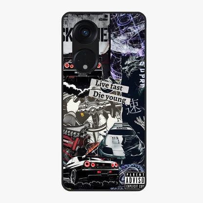 Die Young Glass Case showing flat back view with bold artistic typography design and glossy glass finish.