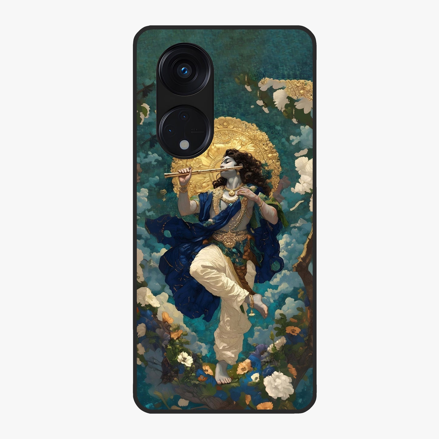 Divine Krishna Art Glass Case showing flat back view with Lord Krishna artwork and glossy glass finish.