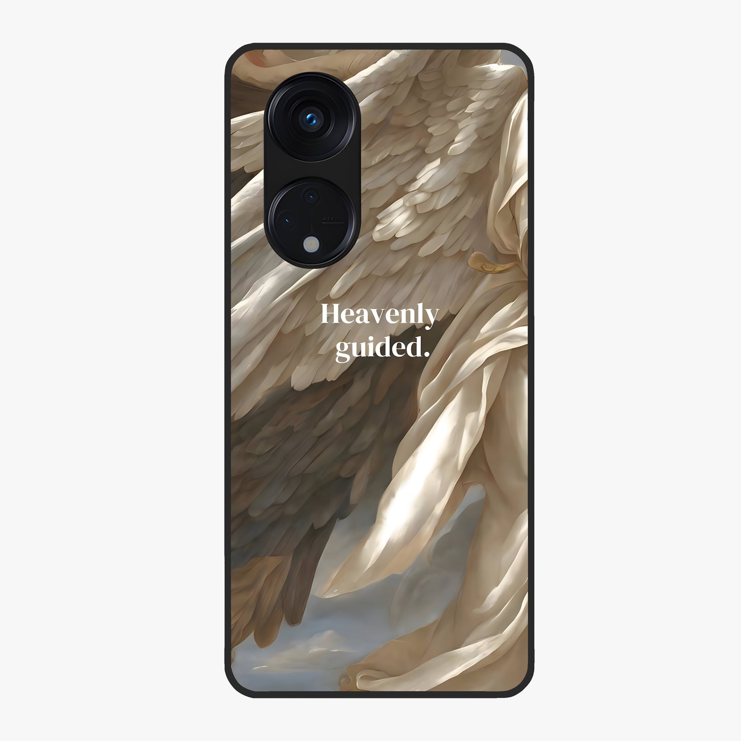 Divine Winged Grace Glass Case showing flat back view with elegant wing inspired artwork and glossy glass finish.