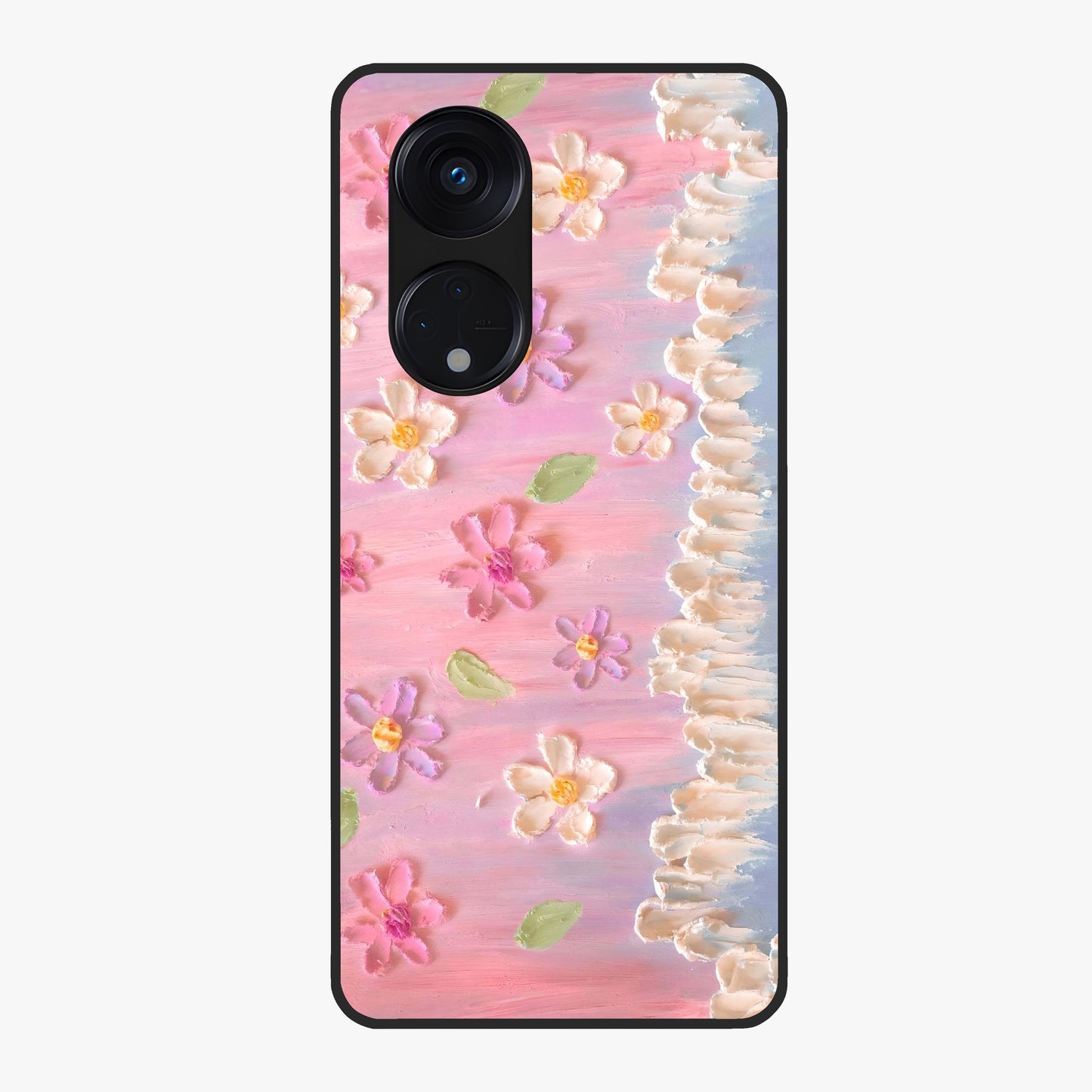 Dreamy Painted Garden Glass Case showing flat back view with artistic painted floral garden artwork and glossy glass finish.
