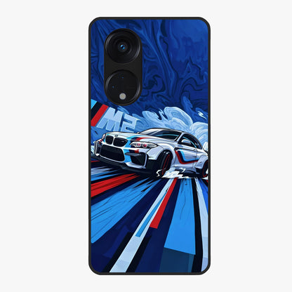 Drift Power Rush Glass Case showing flat back view with dynamic racing inspired artwork and glossy glass finish.