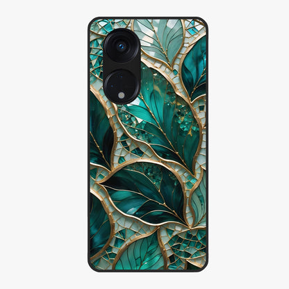 Emerald Leaf Glass Glass Case showing flat back view with emerald green leaf artwork and glossy glass finish.