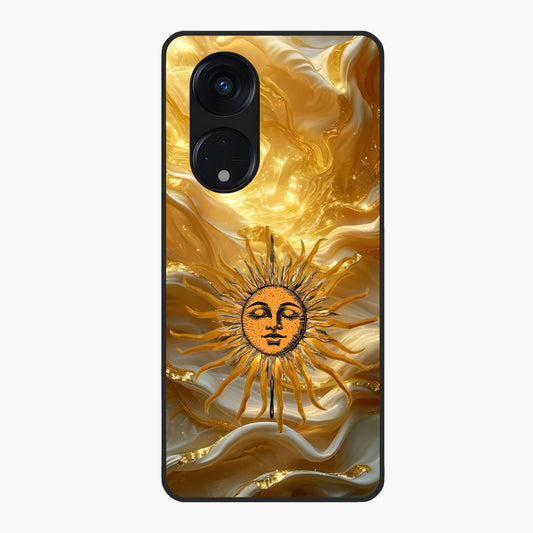 Eternal Golden Glow Glass Case showing flat back view with radiant golden themed artwork and glossy glass finish.
