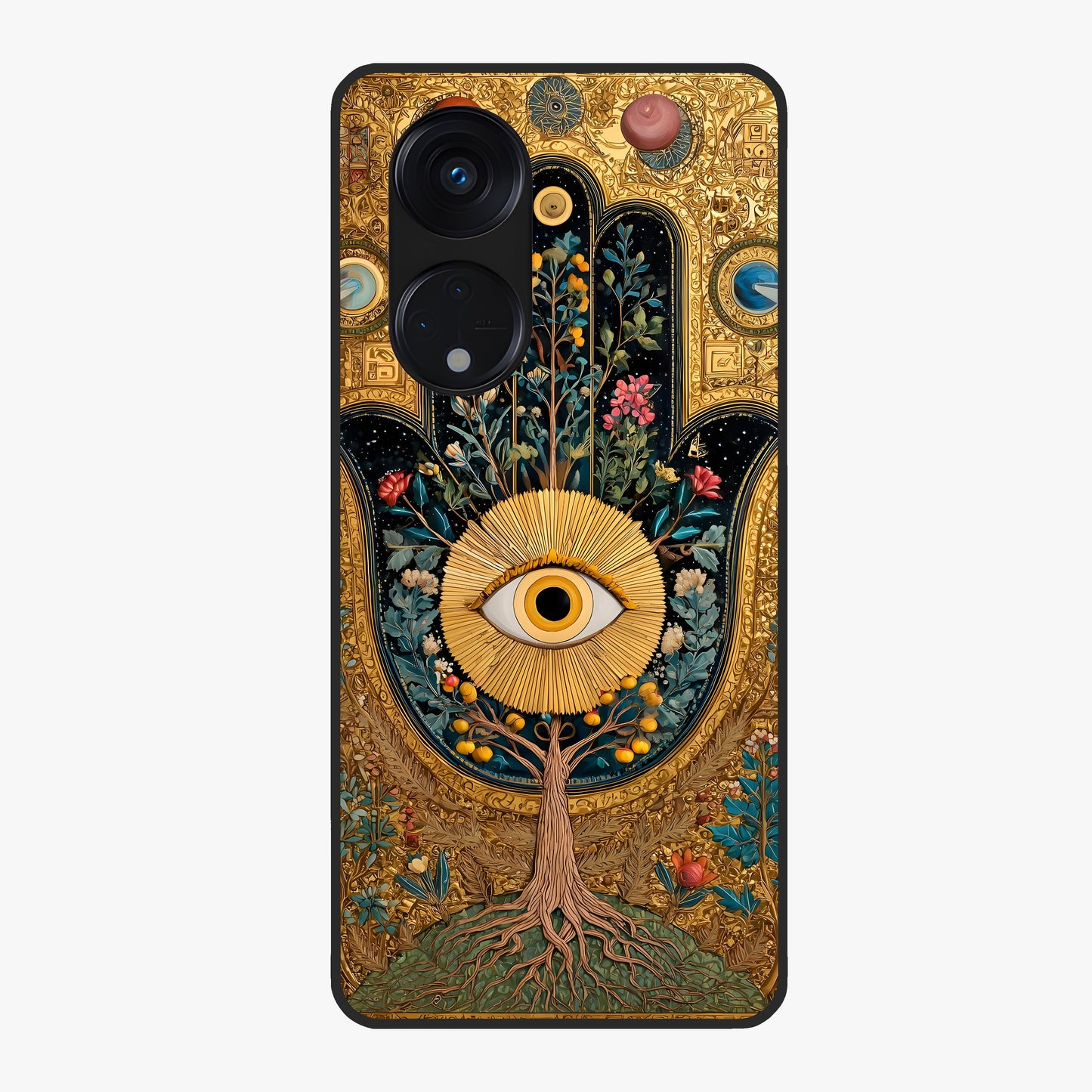 Ethereal Evil Eye Glass Case showing flat back view with mystical evil eye artwork and glossy glass finish.