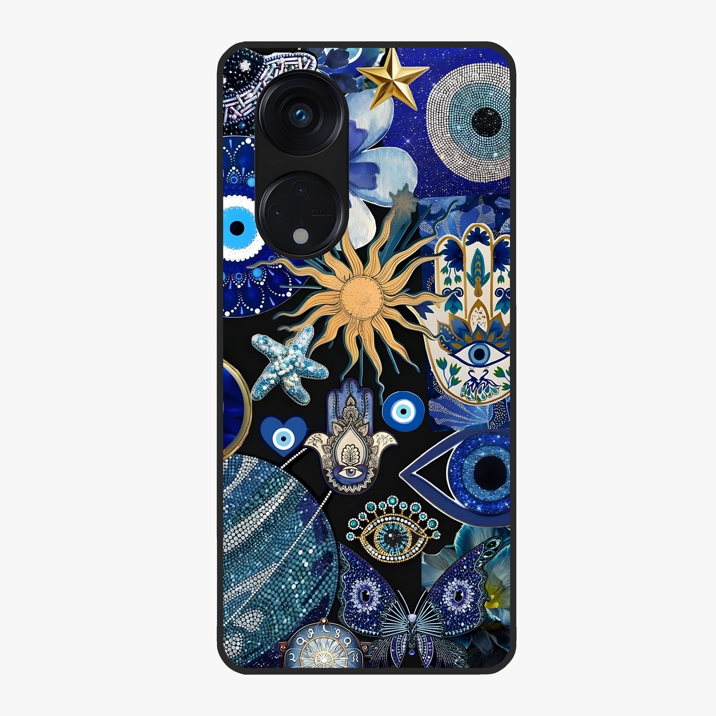 Evil Eye Charm Mix Glass Case showing flat back view with multiple evil eye charms artwork and glossy glass finish.