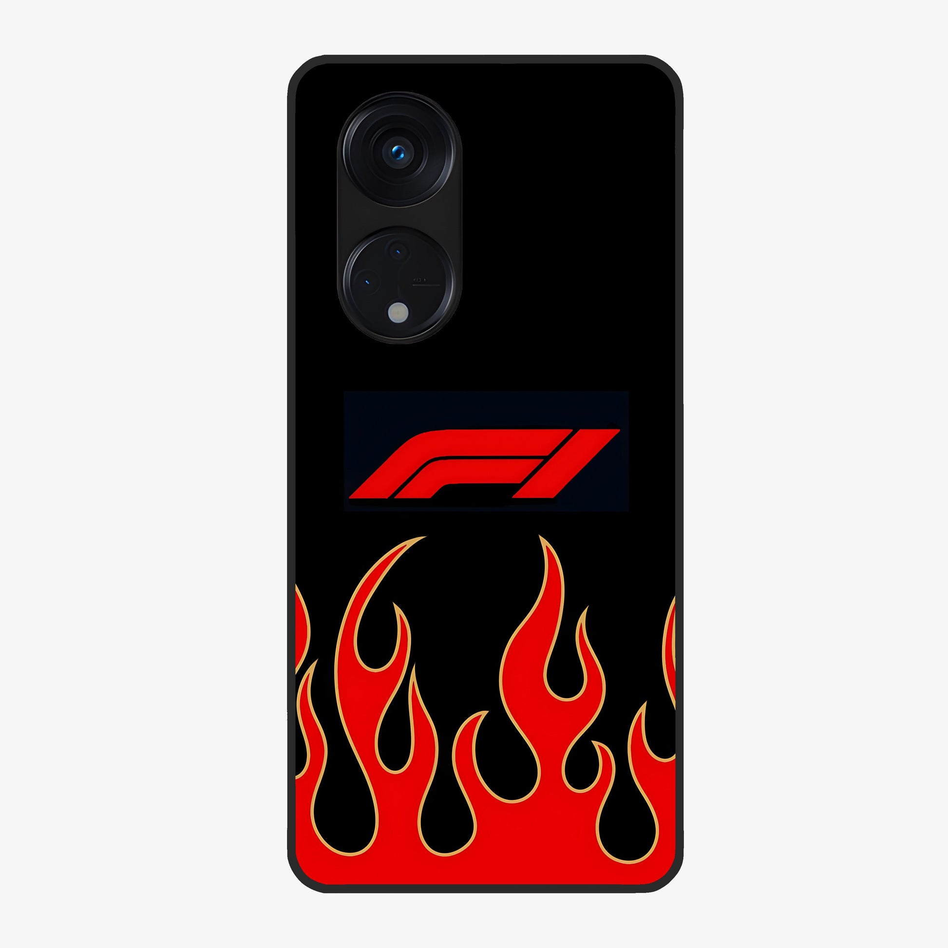 Fire F11 Glass Case showing flat back view with fiery themed artwork and glossy glass finish.