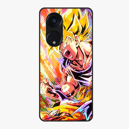 Firing Goku Glass Case showing flat back view with powerful anime inspired artwork and glossy glass finish.