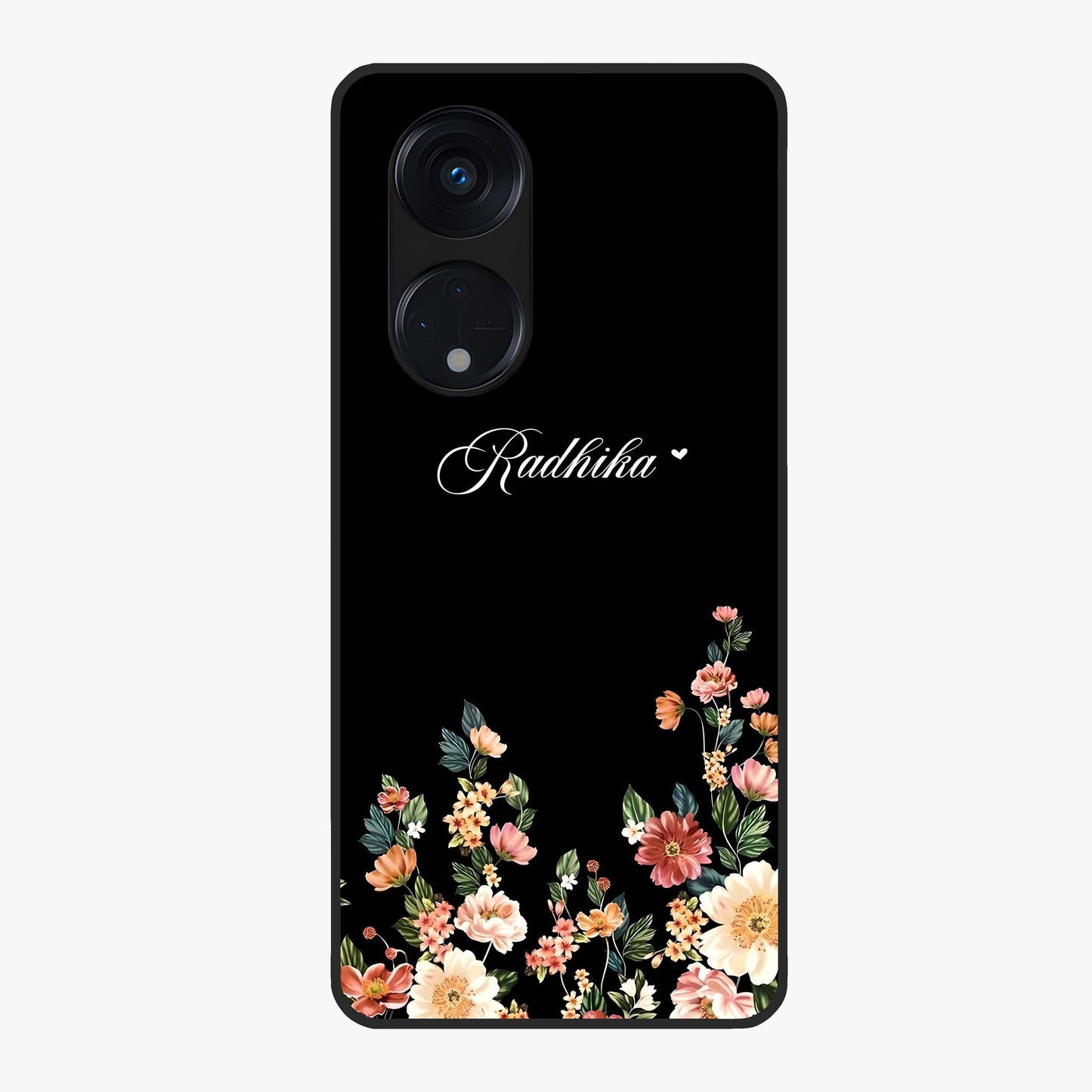 Floral Design With a Custom Personalized Name Glass Case showing flat back view with floral artwork and personalized name design.