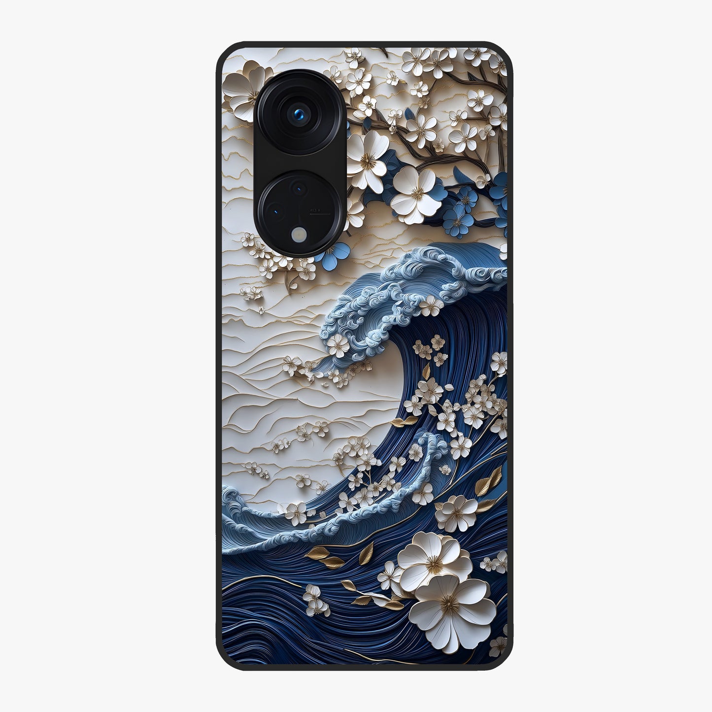 Floral Wave Origami Glass Case showing flat back view with origami inspired floral wave artwork and glossy glass finish.