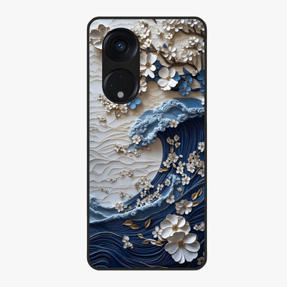 Floral Wave Origami Glass Case showing flat back view with origami inspired floral wave artwork and glossy glass finish.