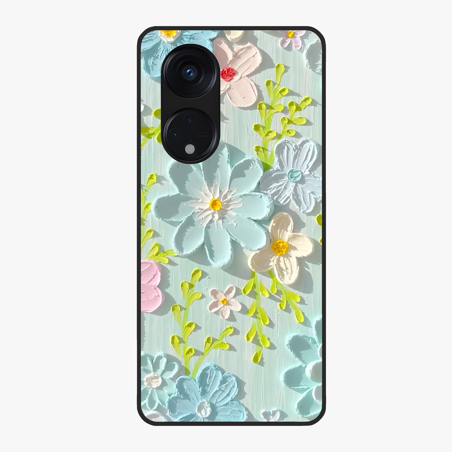 Frosted Petal Garden Glass Case showing flat back view with soft frosted floral artwork and glossy glass finish.