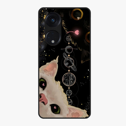 Galactic Cat Glass Case showing flat back view with cosmic cat artwork and glossy glass finish.