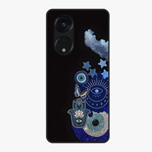 Galactic Charm Cluster Glass Case showing flat back view with glowing celestial charm artwork and glossy glass finish.