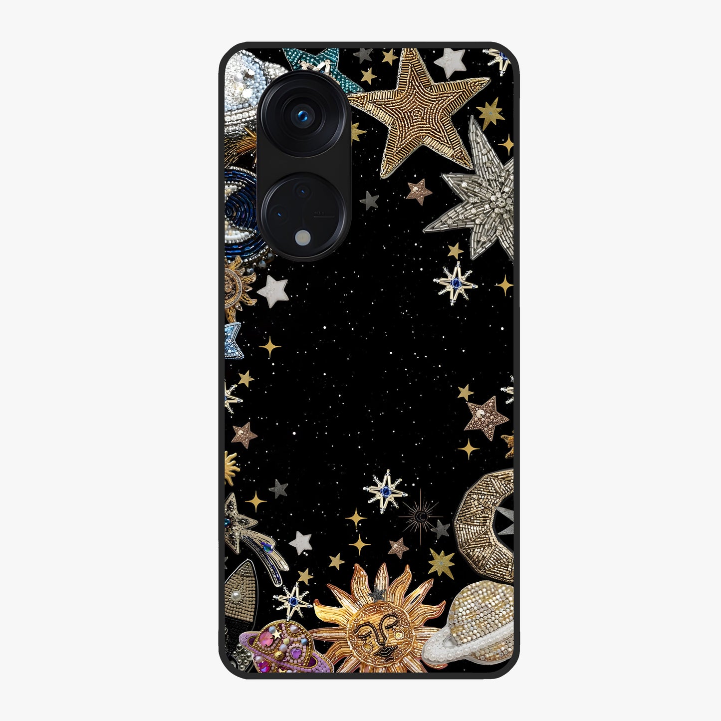Galactic Jewel Stars Glass Case showing flat back view with sparkling star jewel artwork and glossy glass finish.