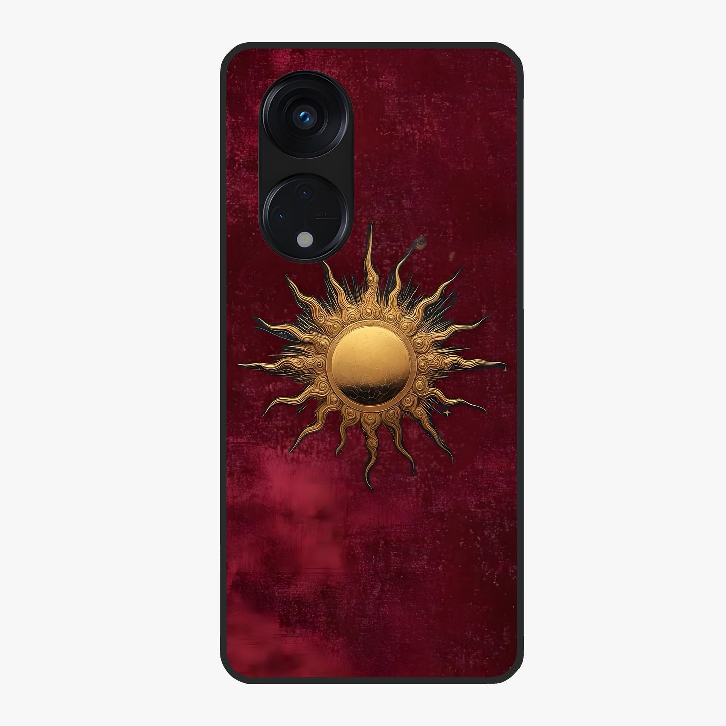 Gold Sun Blush Glass Case showing flat back view with golden sun inspired artwork and glossy glass finish.