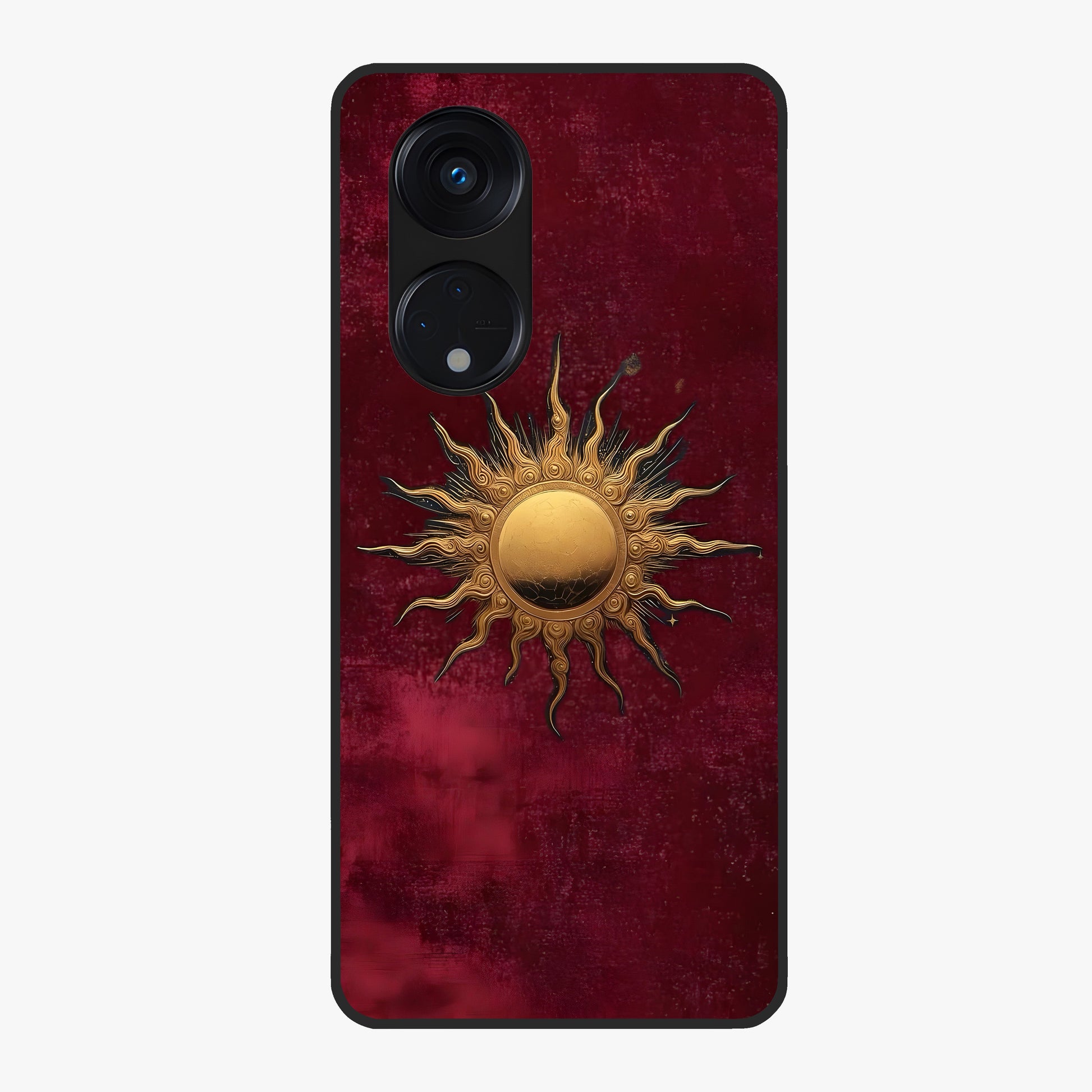 Gold Sun Blush Glass Case showing flat back view with golden sun inspired artwork and glossy glass finish.