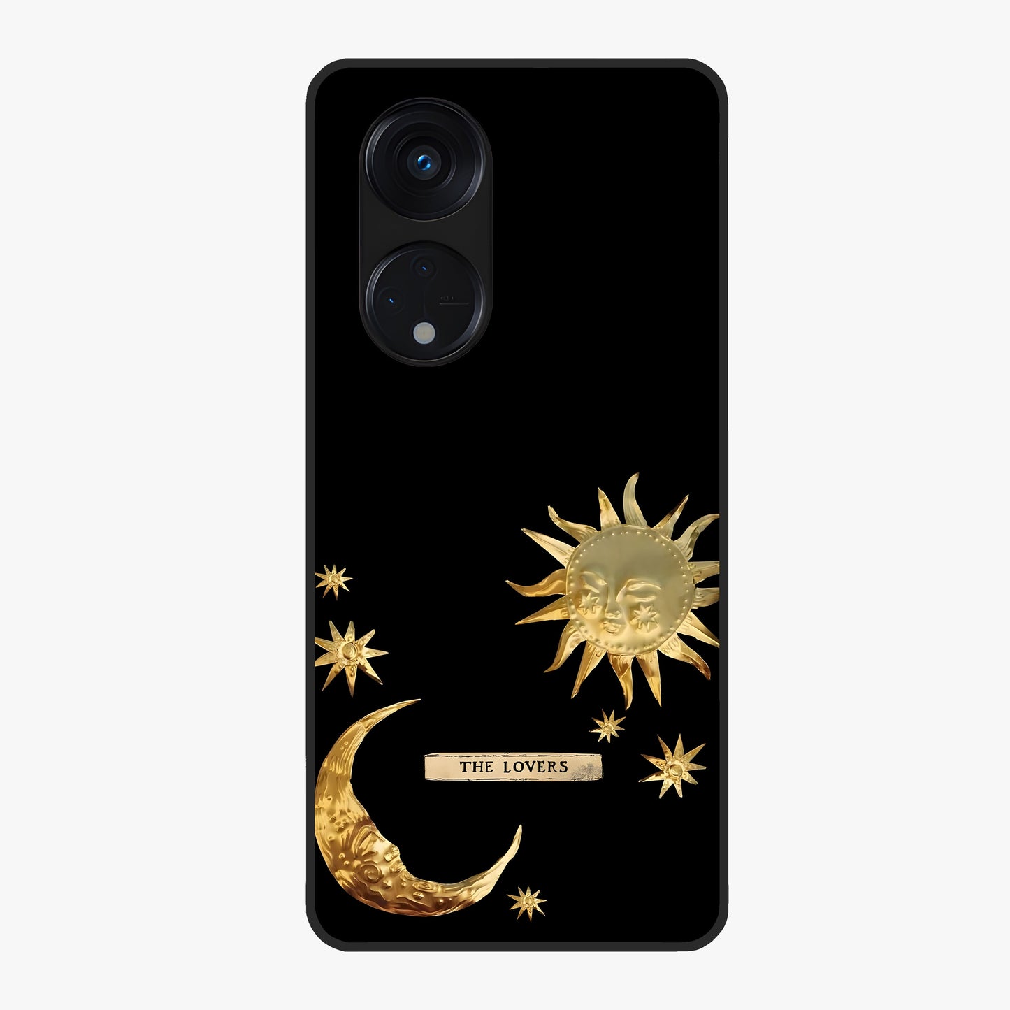 Golden Celestial Charm Glass Case showing flat back view with golden celestial charm artwork and glossy glass finish.