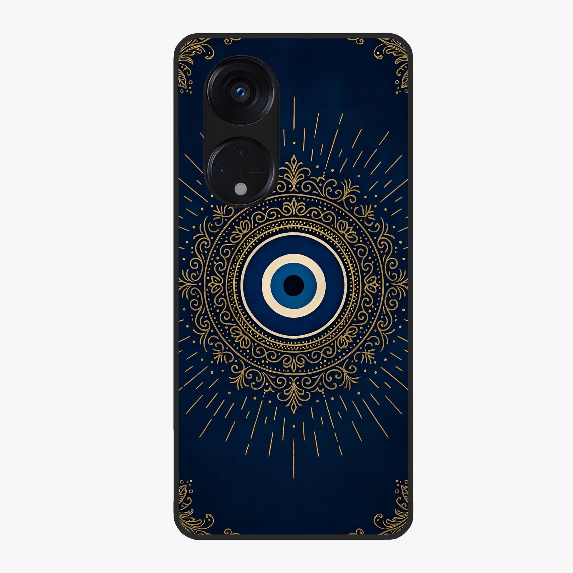 Golden Evil Eye Mandala Glass Case showing flat back view with intricate evil eye mandala artwork and glossy glass finish.