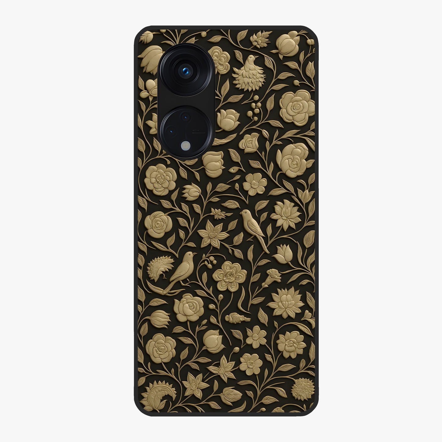 Golden Floral Majesty Glass Case showing flat back view with luxurious golden floral artwork and glossy glass finish.