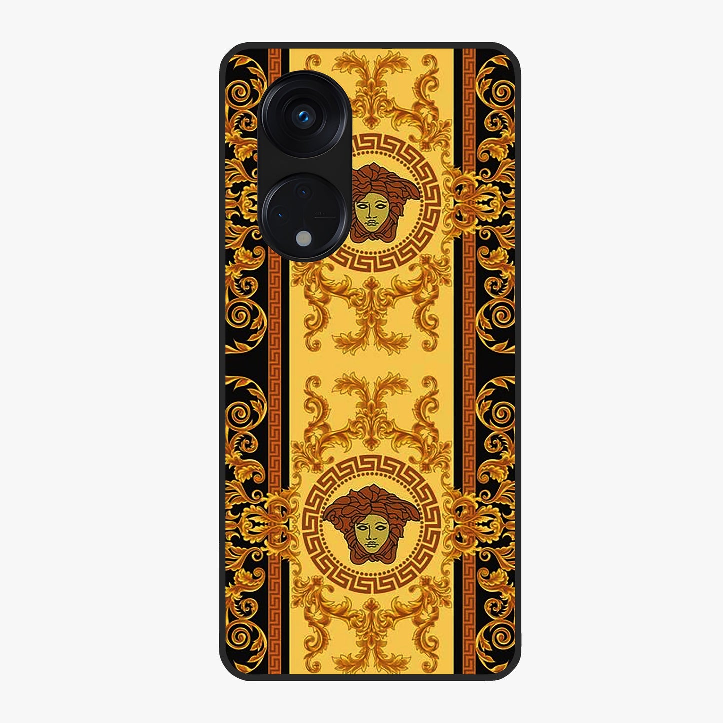 Golden Royal Heritage Glass Case showing flat back view with ornate royal pattern artwork and glossy glass finish.