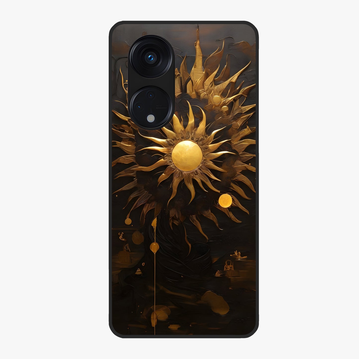 Golden Sun Majesty Glass Case showing flat back view with radiant golden sun artwork and glossy glass finish.