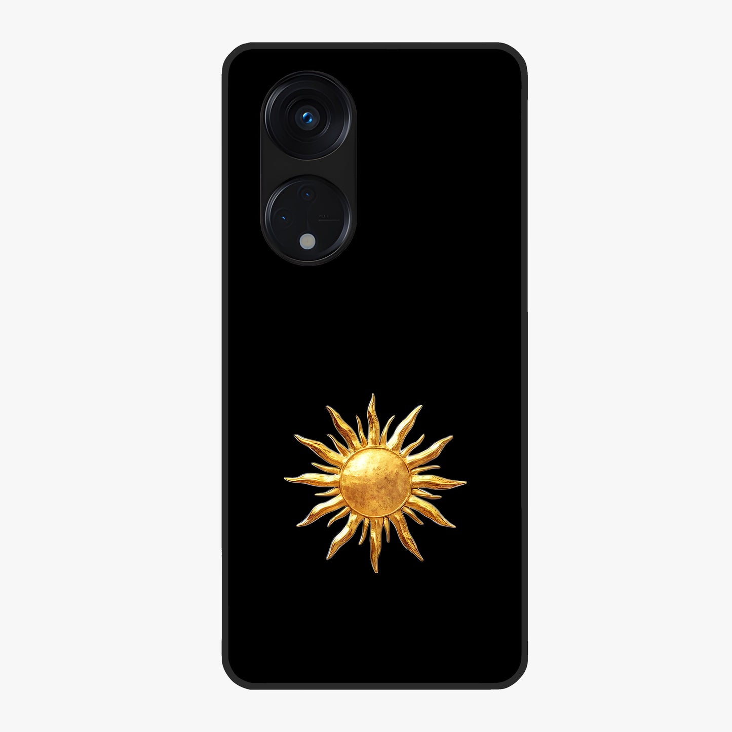 Golden Sun Minimalism Glass Case showing flat back view with minimal golden sun artwork and glossy glass finish.