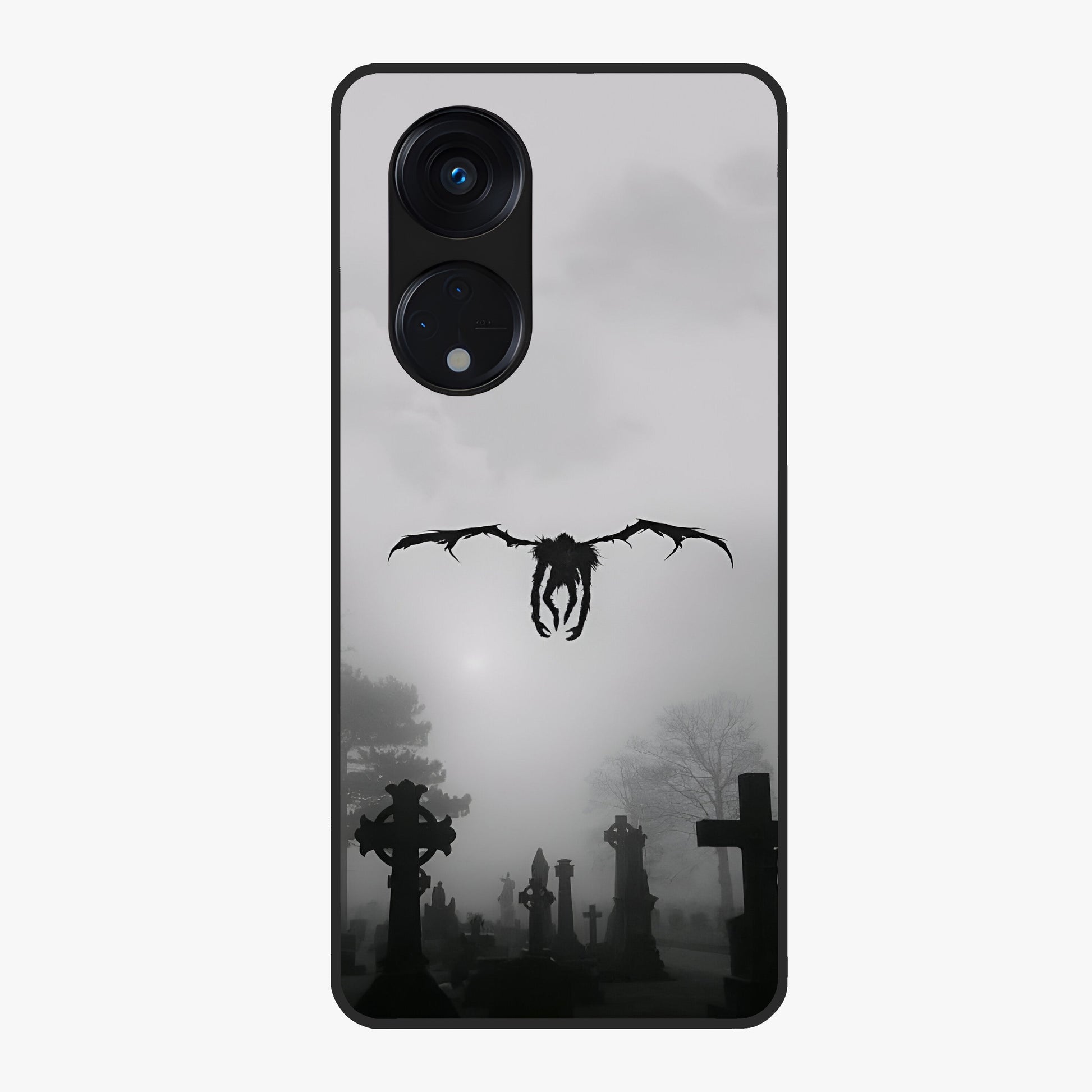 Graveyard Shadow Descent Glass Case showing flat back view with dark graveyard themed artwork and glossy glass finish.