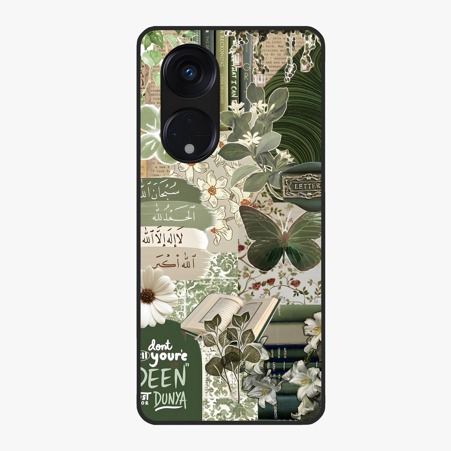 Green Islamic Books Quotes Glass Case showing flat back view with Islamic quotes and book themed artwork and glossy glass finish.