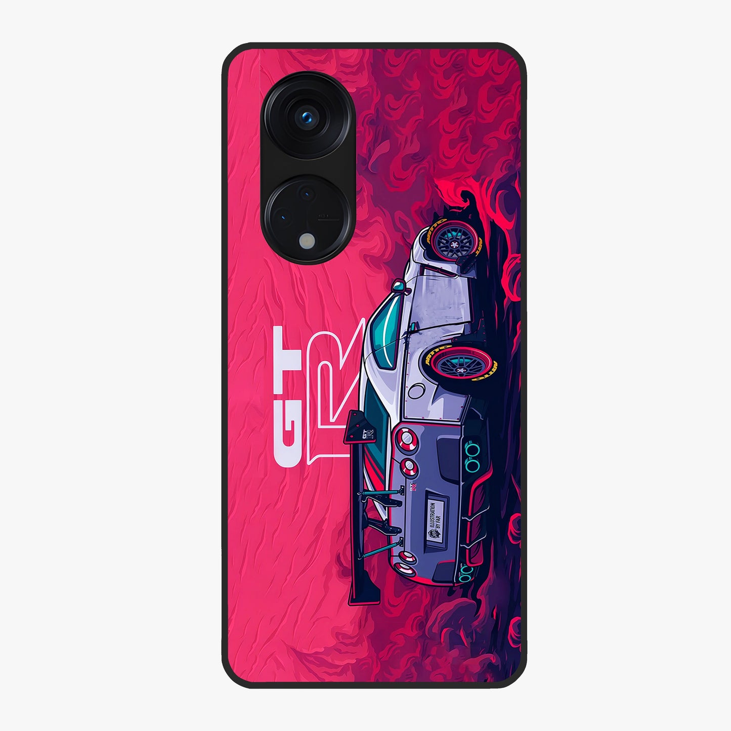 GT-R Car Pattern Glass Case showing flat back view with sporty car inspired pattern artwork and glossy glass finish.