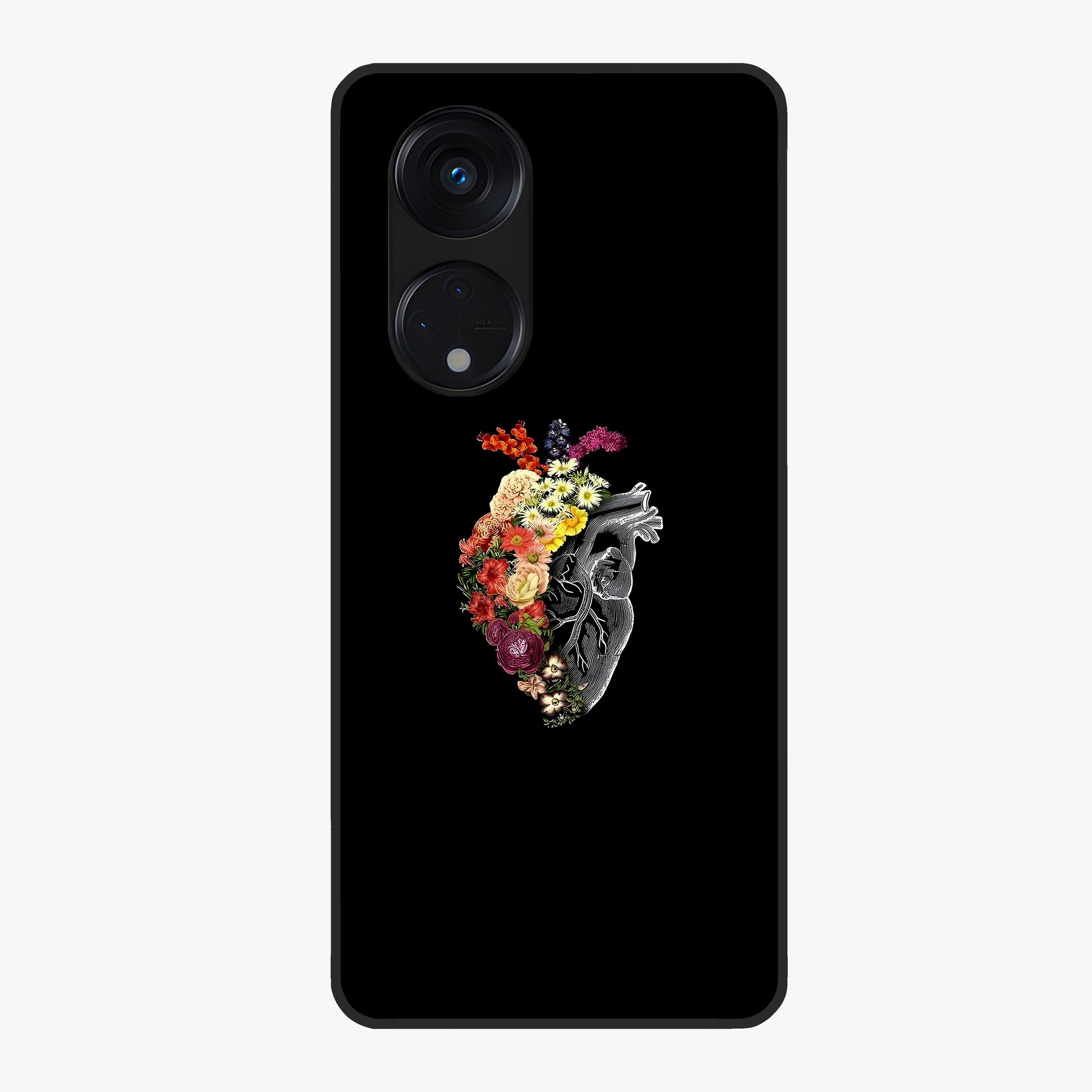 Heart With Flowers Glass Case showing flat back view with heart shaped floral artwork and glossy glass finish.