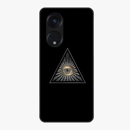 Illuminati Evil Glass Case showing flat back view with mysterious illuminati symbol artwork and glossy glass finish.
