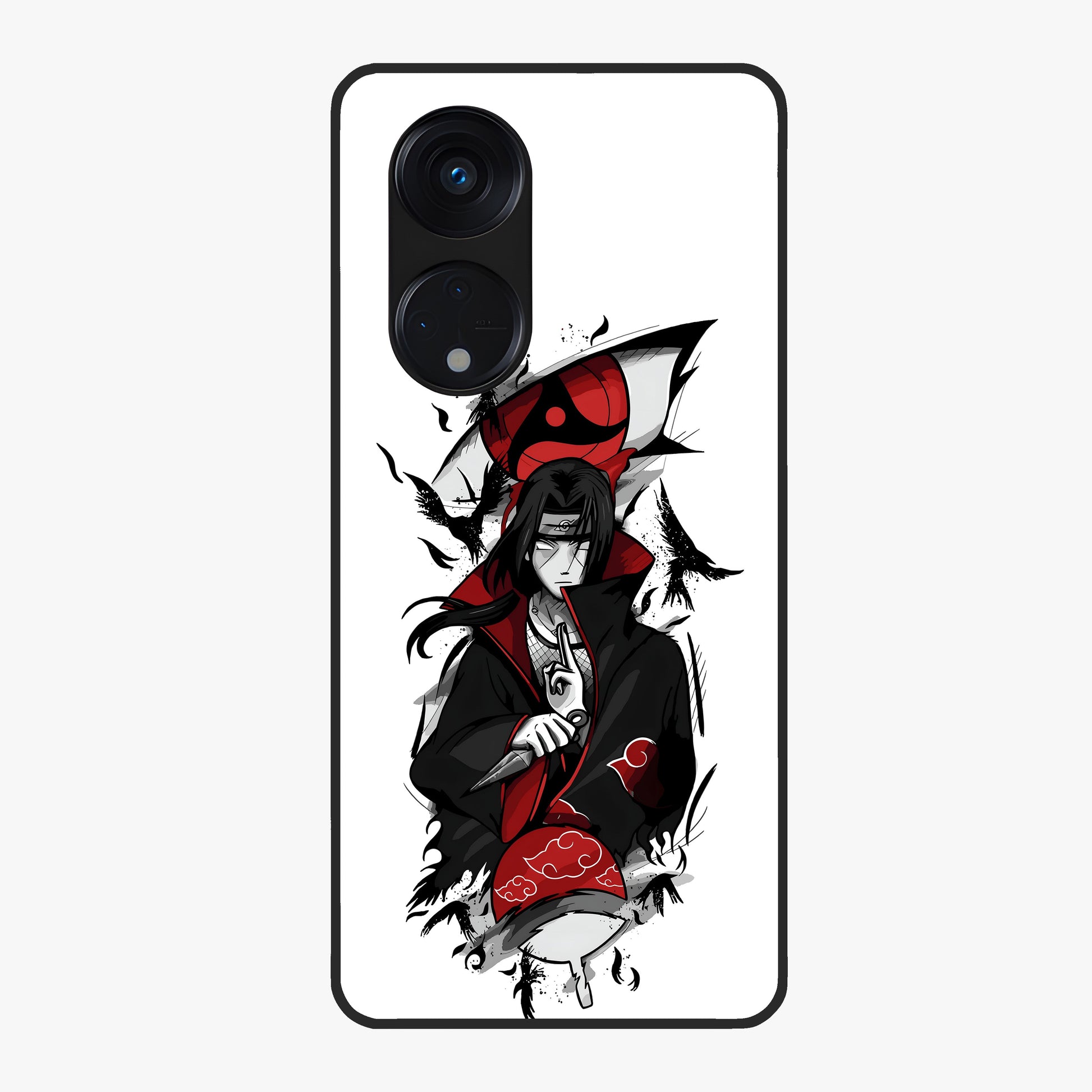 Itachi Sharingan Glass Case showing flat back view with powerful anime eye artwork and glossy glass finish.