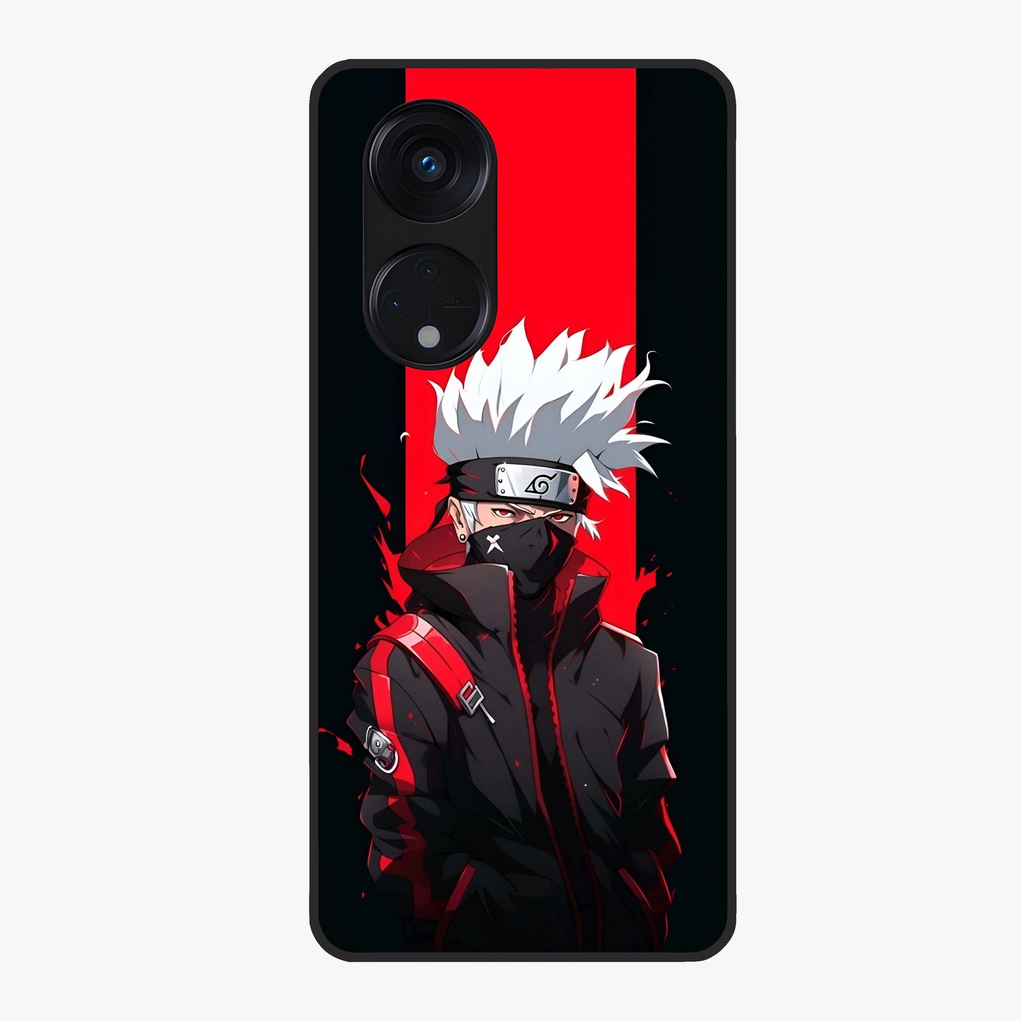Kakashi Scarlet Shadow Glass Case showing flat back view with powerful anime ninja artwork and glossy glass finish.