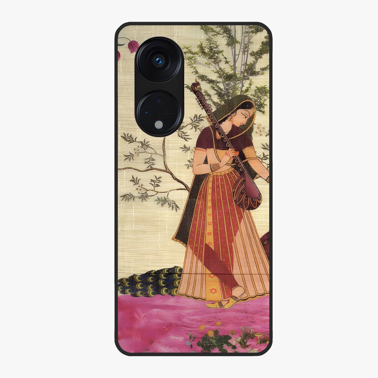 Lady With Veena Art Glass Case showing flat back view with elegant woman playing veena artwork and glossy glass finish.