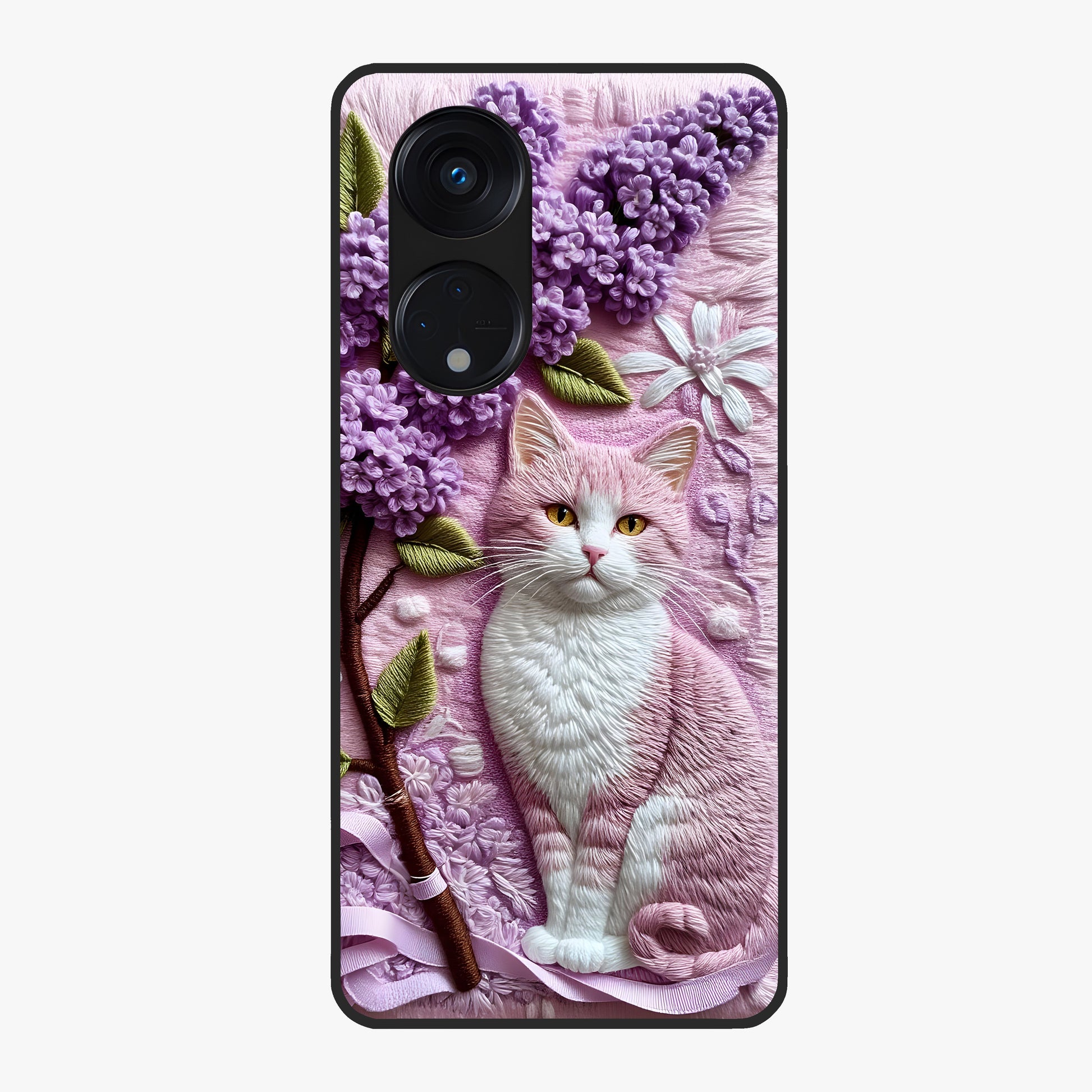 Lavender Cat Whimsy Glass Case showing flat back view with cute lavender cat artwork and glossy glass finish.