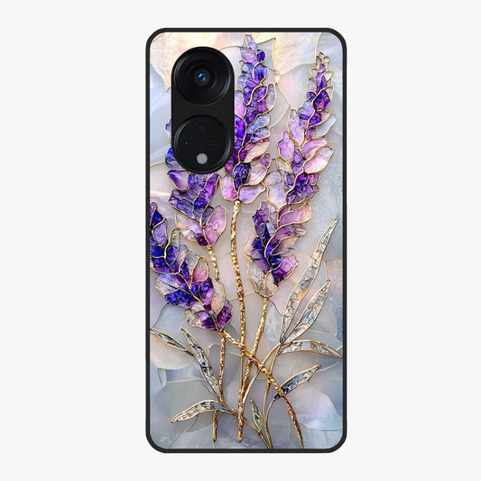 Lavender Dream Glow Glass Case showing flat back view with glowing lavender aesthetic artwork and glossy glass finish.