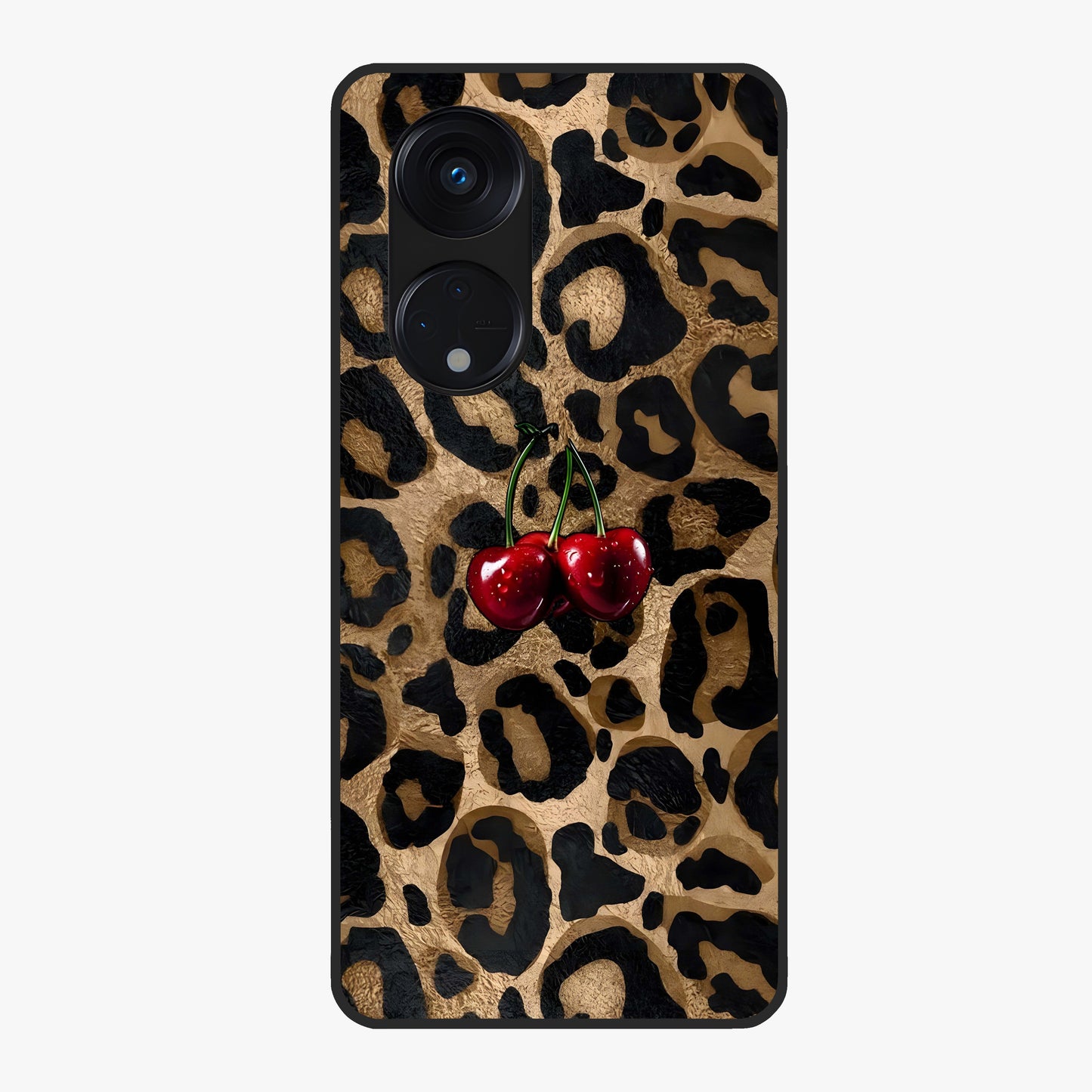 Leopard Wild Cherry Glass Case showing flat back view with leopard pattern and cherry artwork and glossy glass finish.