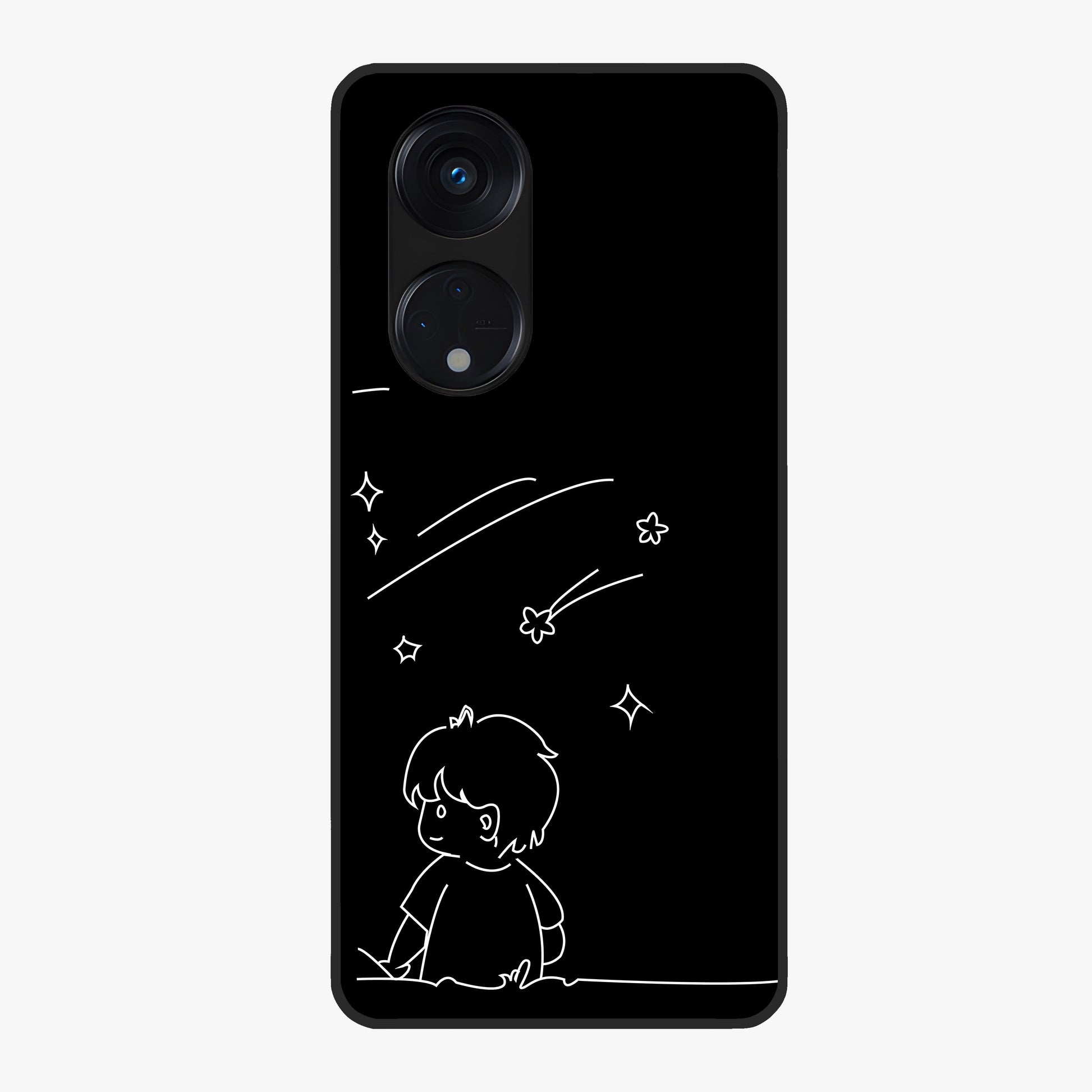 Line Art Boy With Shooting Stars Glass Case showing flat back view with minimal line art boy and shooting stars illustration and glossy glass finish.