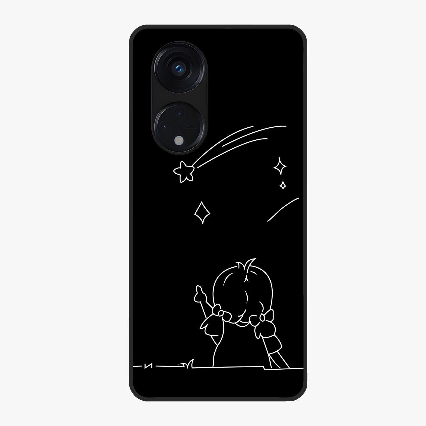 Line Art Girl With Shooting Stars Glass Case showing flat back view with minimal line art girl and shooting stars illustration and glossy glass finish.