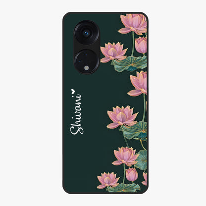 Lotus Bloom Serenity Custom Name Glass Case showing flat back view with elegant lotus flower artwork and personalized name design.