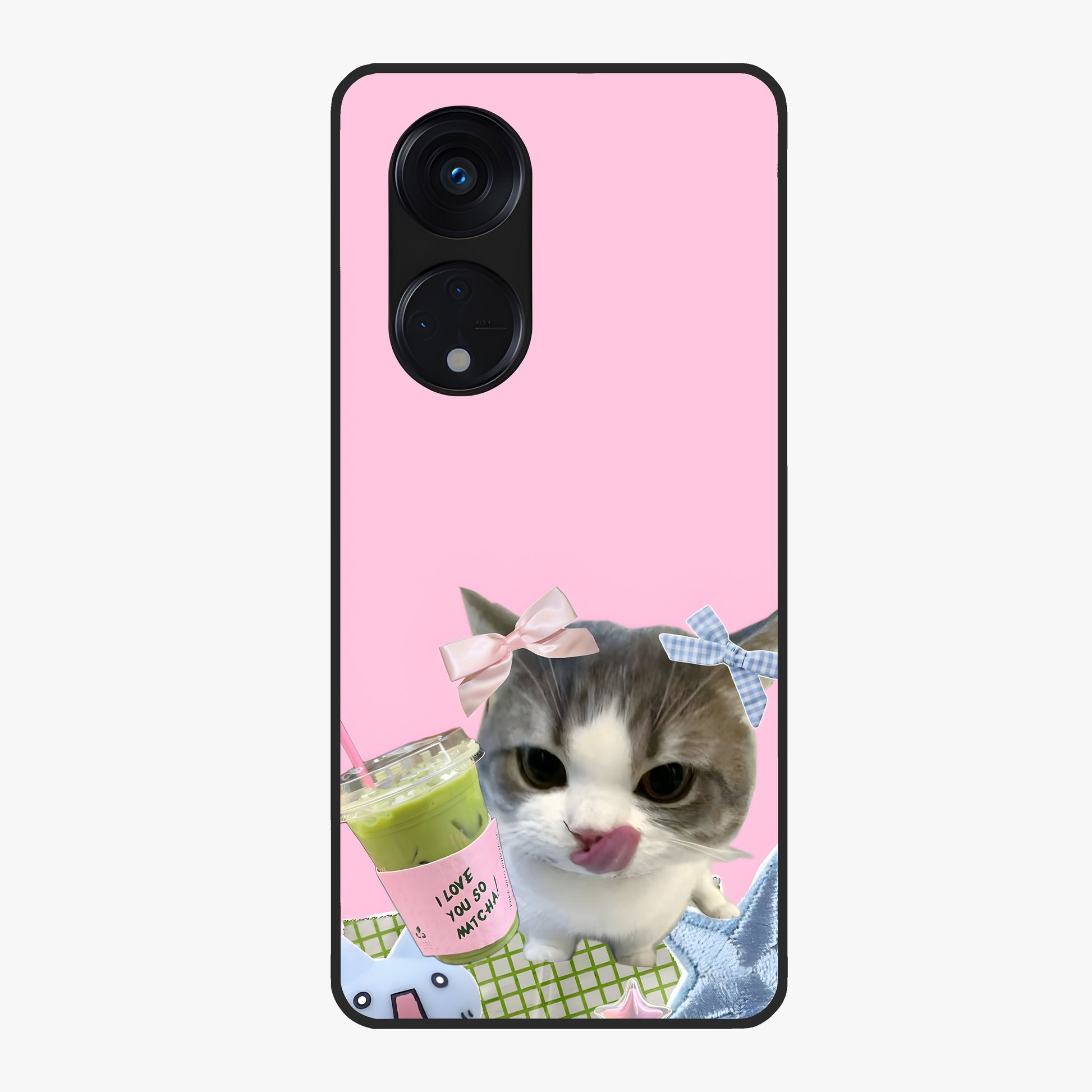 Love Matcha Cat Glass Case showing flat back view with cute cat and matcha themed artwork and glossy glass finish.