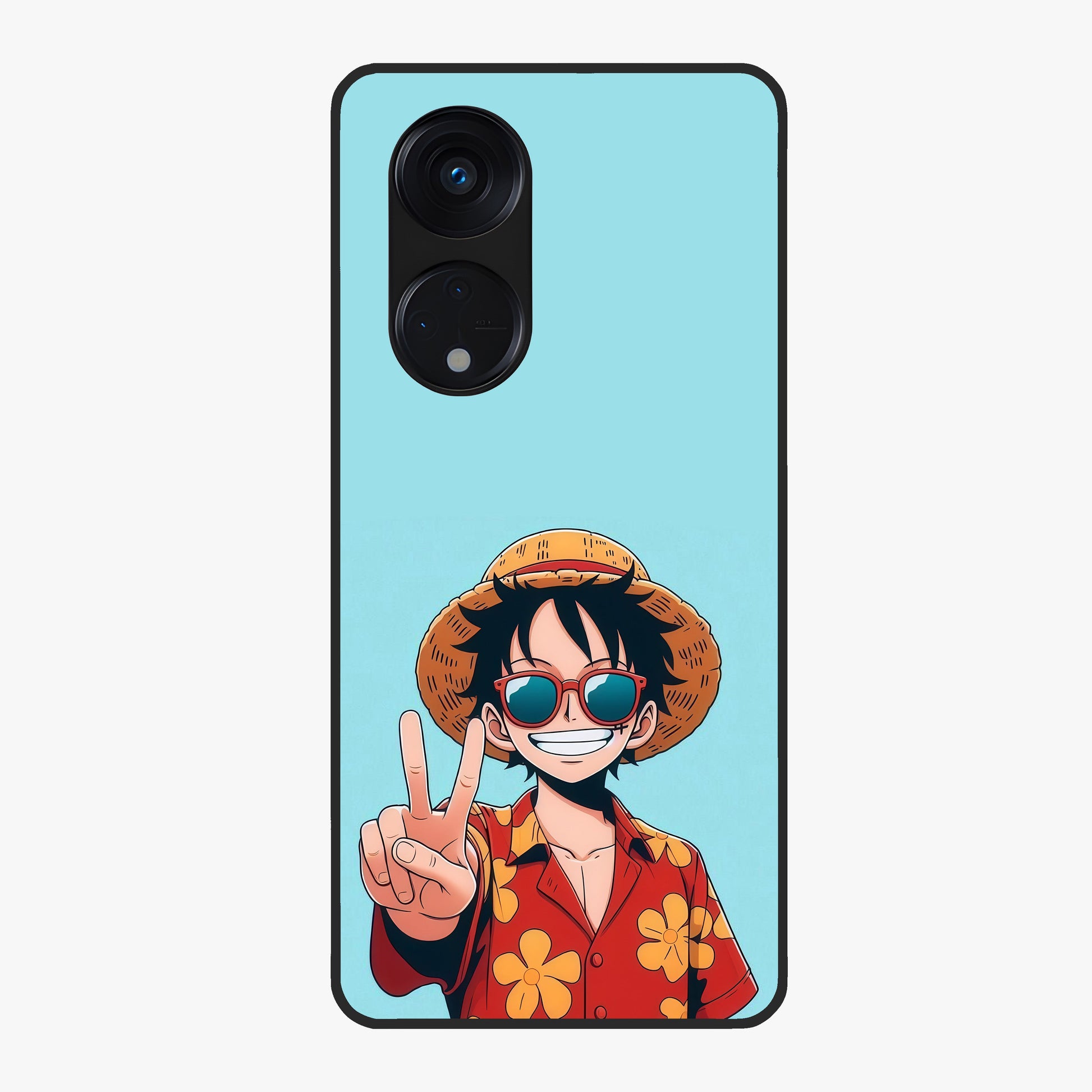 Luffy Summer Anime Vibe Glass Case showing flat back view with vibrant anime character artwork and glossy glass finish.