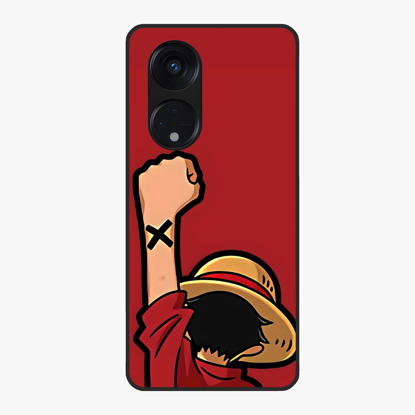 Luffy X Spirit Glass Case showing flat back view with bold anime character artwork and glossy glass finish.
