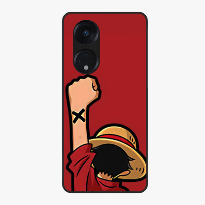Luffy X Spirit Glass Case showing flat back view with bold anime character artwork and glossy glass finish.