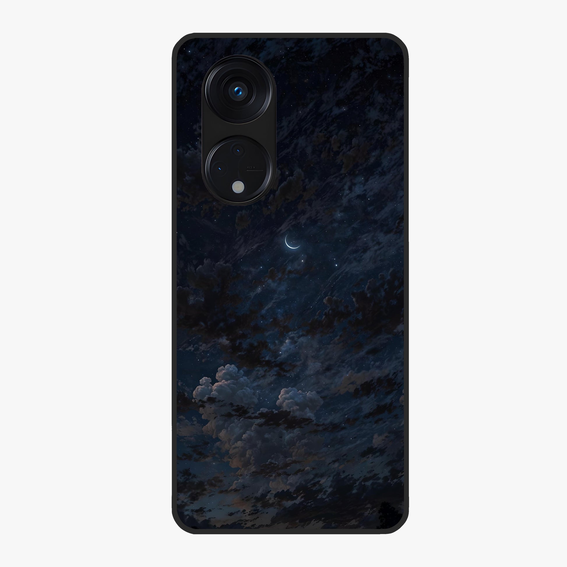 Lunar Veil Silence Glass Case showing flat back view with mystical moon veil artwork and glossy glass finish.
