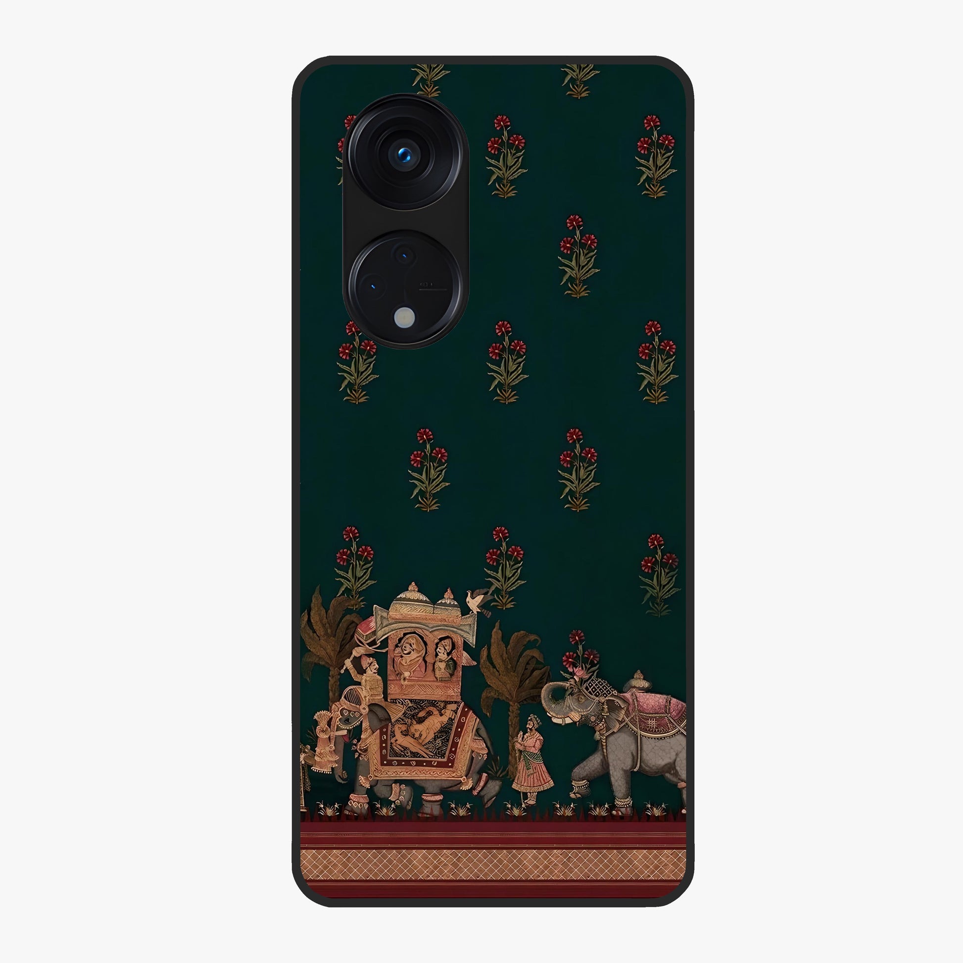 Macmerise Glass Case showing flat back view with stylish modern artwork and glossy glass finish.