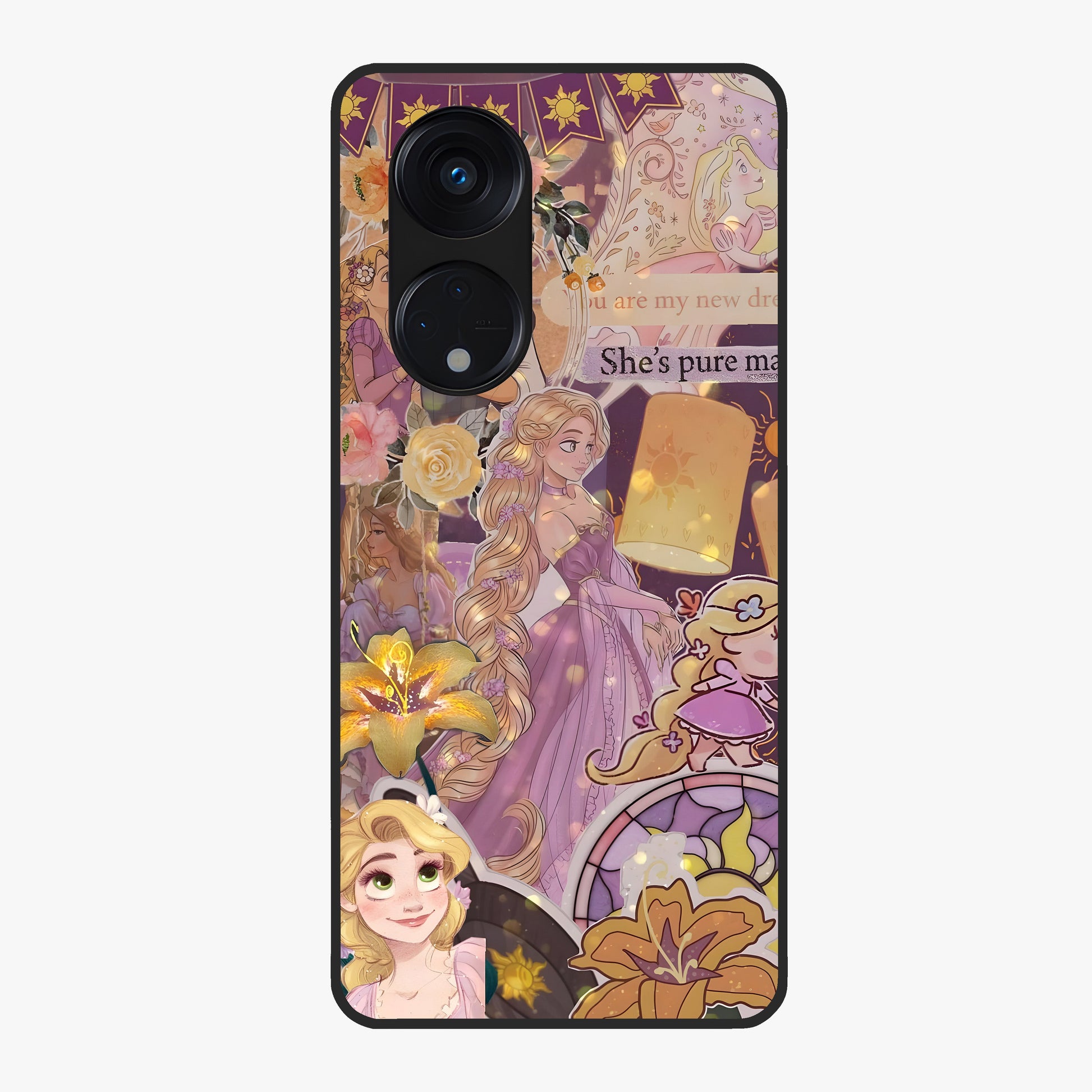 Magical Tangled Dream Glass Case showing flat back view with dreamy tangled artwork and glossy glass finish.